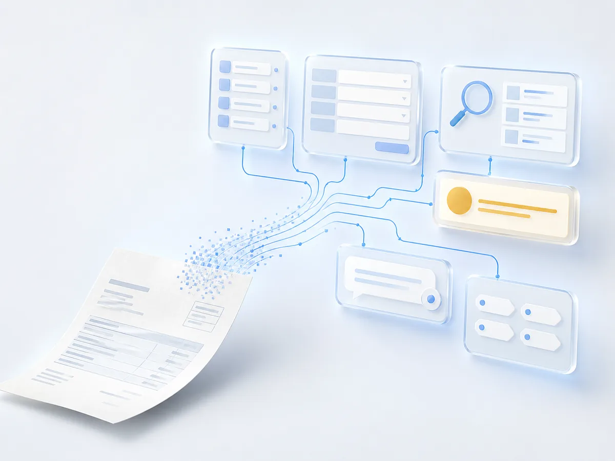 One document branching into structured fields, templates, search, exact totals, cited chat, and tags