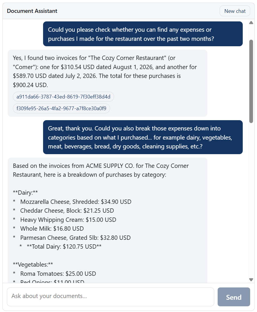 A full Document Assistant chat: an exact $900.24 total across two invoices with source-document citation chips, followed by a categorized expense breakdown
