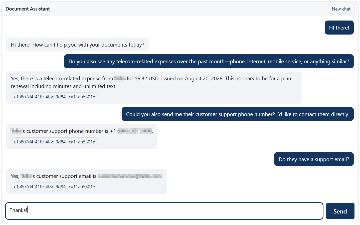 The Gemina chat component running inside a host application, answering questions about the tenant's own documents with citations